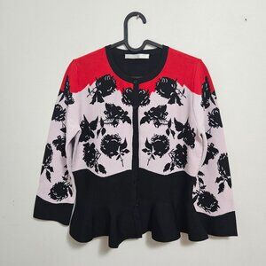 3.1 Philip Lim Peplum cardigan Women's Sz M Black  Red Pink Floral Designer